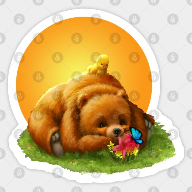 Cute Grizzly Bear and Yellow Bird in Sunset Sticker by Irene Koh Studio